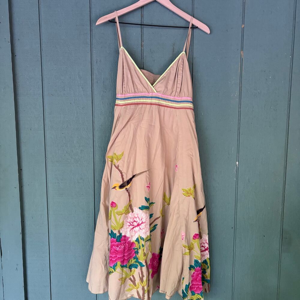 Vintage 90s Raiment Y2K Whimsical Boho Floral & Bird Midi Resort Sun Dress Sz M - Picture 2 of 10